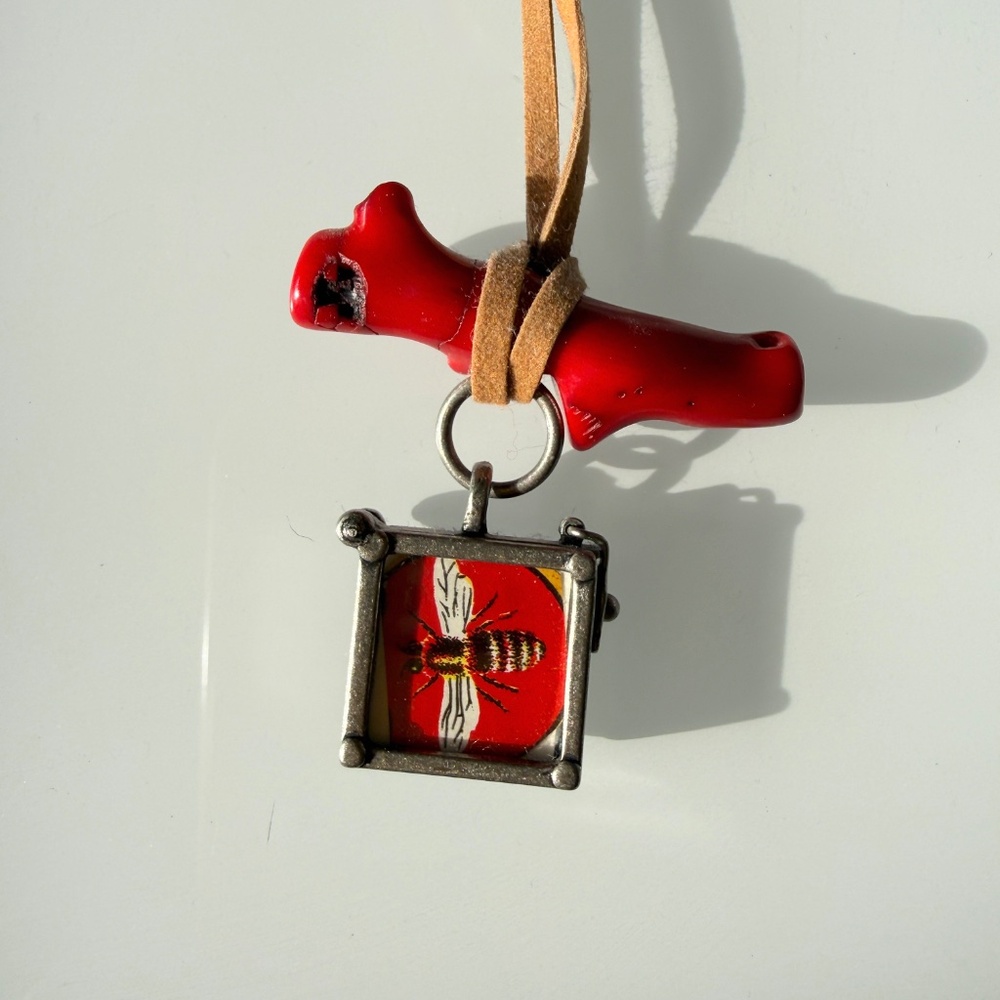 Necklace, Red Coral, Leather, Amulette